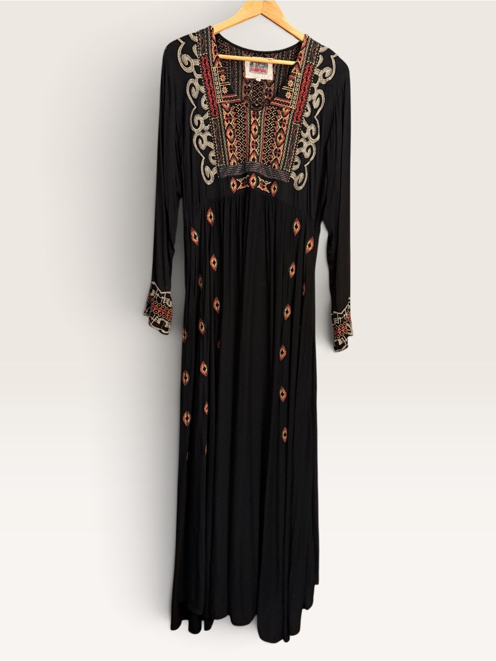Johnny Was Black Maxi Dress with Multicolor Embroidery Size Large